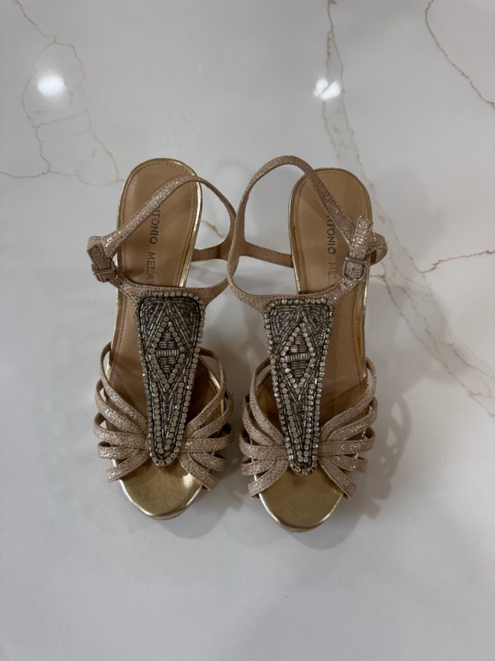 ANTONIO MELANI Gold Beaded T-Strap Heels